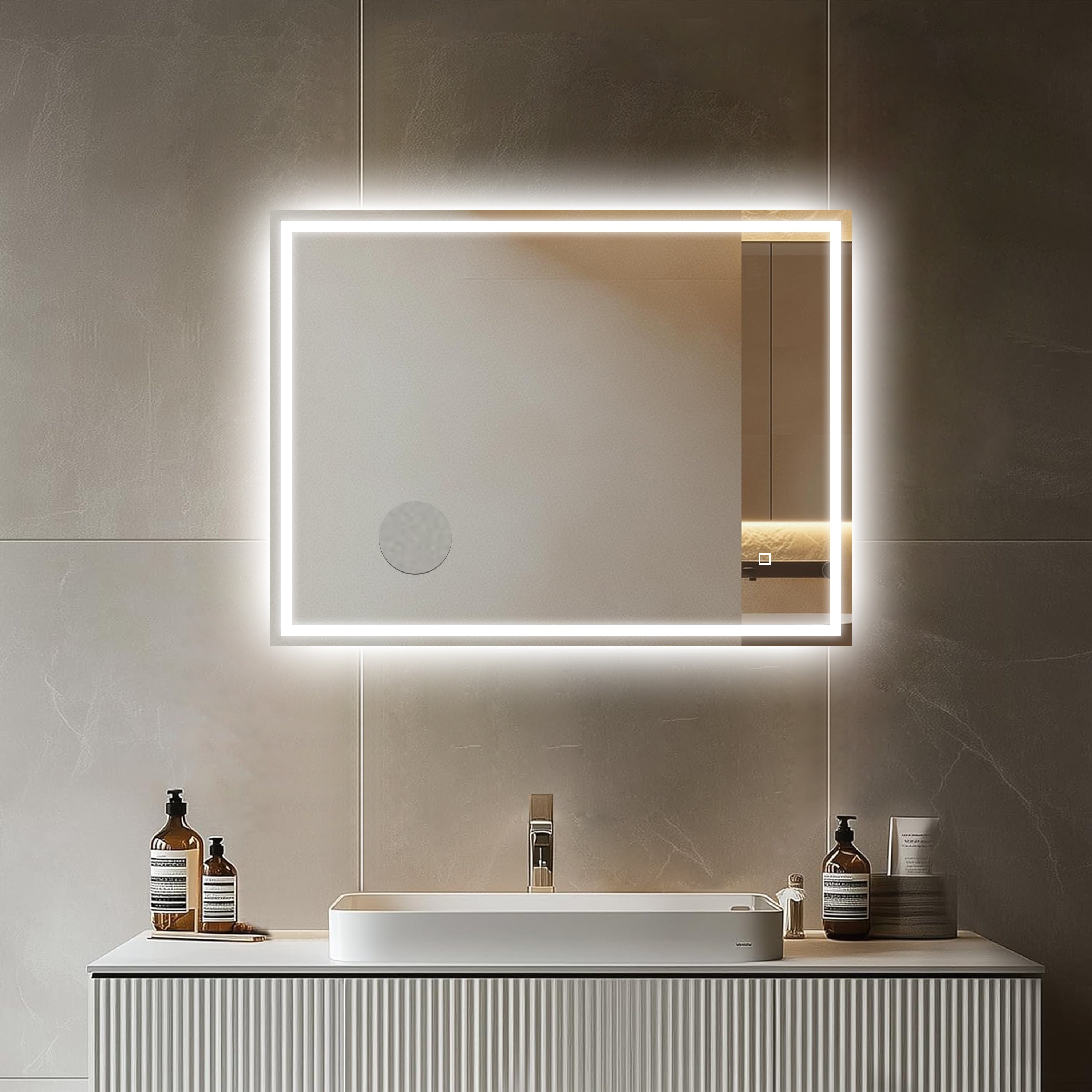 MIROIR RECTANGULAIRE LED SALLE DE BAIN 800×600 MM – ANTI-BUÉE, TACTILE & GROSSISSANT X3